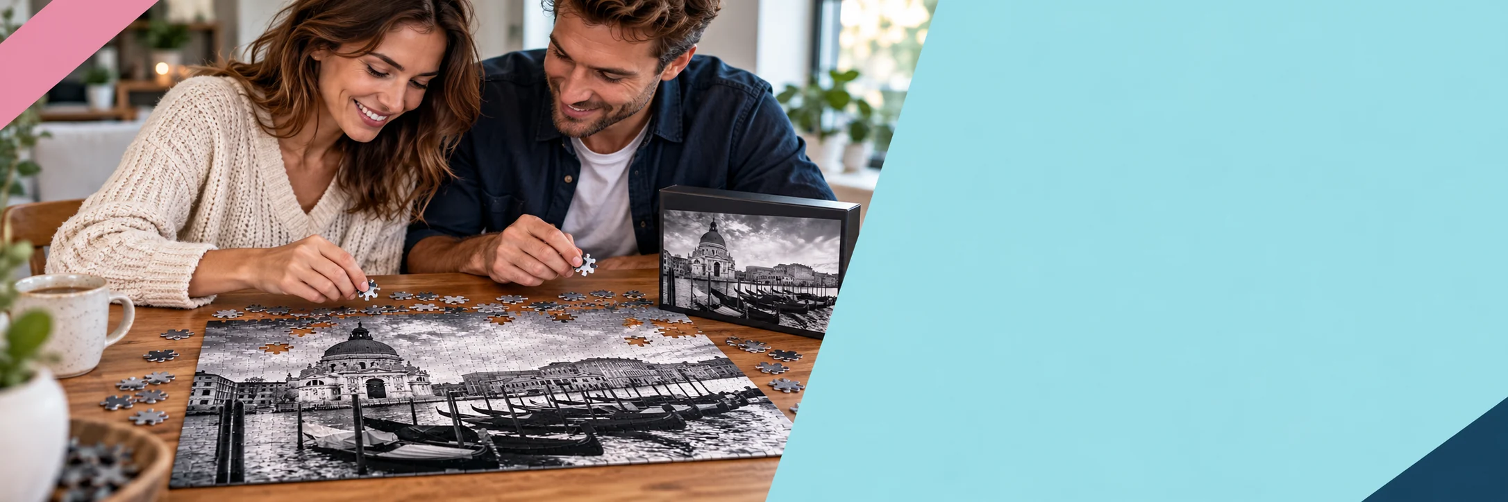 Dwie osoby układające puzzle z panoramą Wenecji